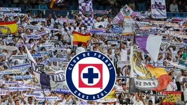 Afición del Real Madrid celebrando, escudo de Cruz Azul/FOTO La Máquina Celeste