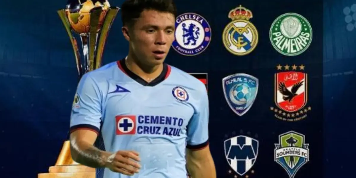 Escudos de clubes internacionales y Rodrigo Huescas en Cruz Azul/ Foto: CDN 