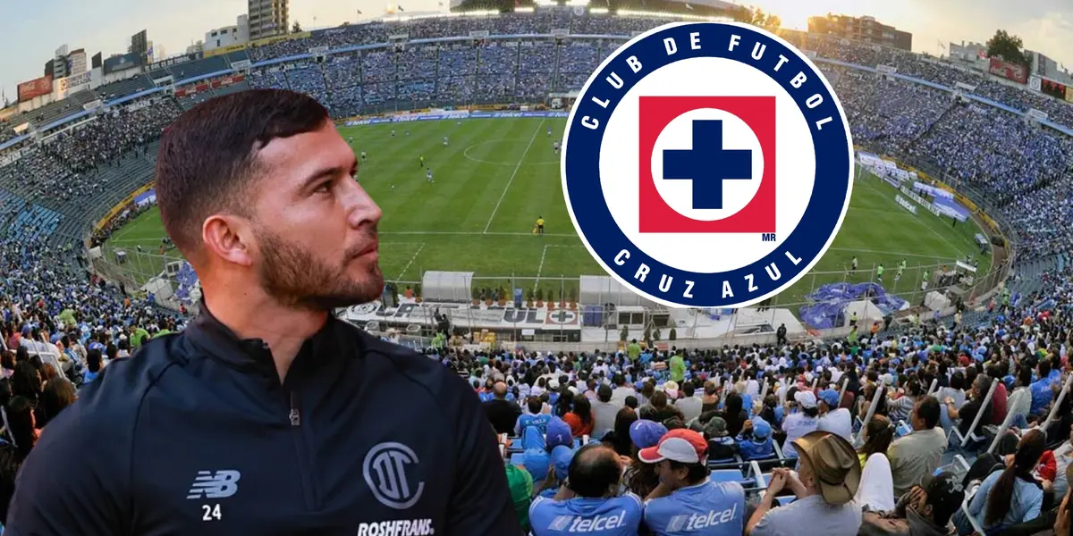 Juan Escobar viendo el escudo de Cruz Azul en el Estadio de los Deportes/FOTO La Máquina Celeste