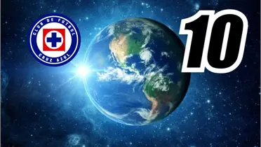 Planeta tierra, junto a la esfera el número 10 y el escudo de Cruz Azul / Concepto