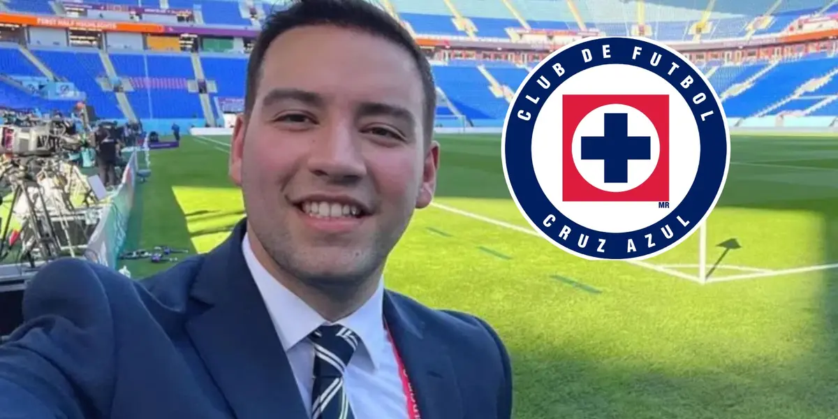 Adrián Esparza en un estadio de fútbol con el escudo de Cruz Azul/La Máquina celeste