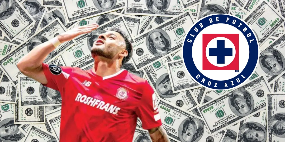 Alexis Vega, fondo de dólares y logo de Cruz Azul