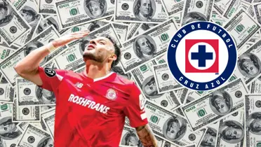 Alexis Vega, fondo de dólares y logo de Cruz Azul