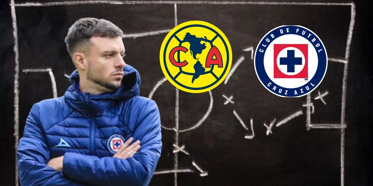 Anselmi con los escudos de los finalistas, América y Cruz Azul