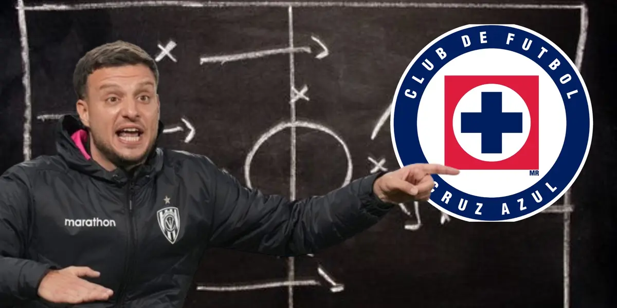 Anselmi dando instrucciones de juego, logo de Cruz Azul/FOTO La Máquina Celeste