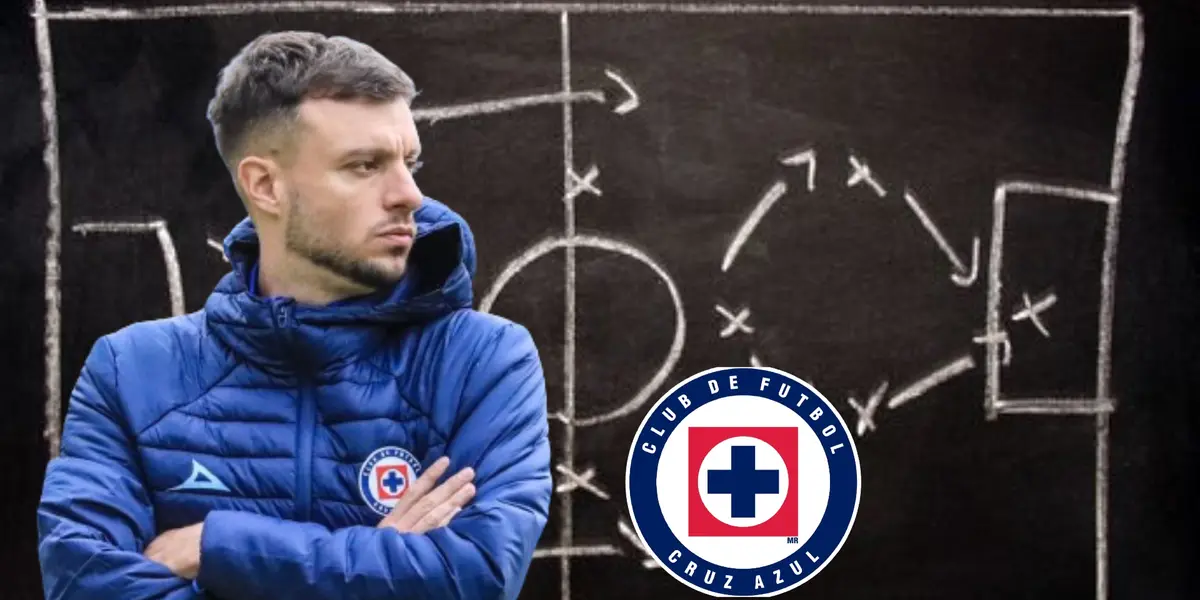 Anselmi, de fondo una pizarra táctica y el logo de Cruz Azul/FOTO La Máquina Celeste