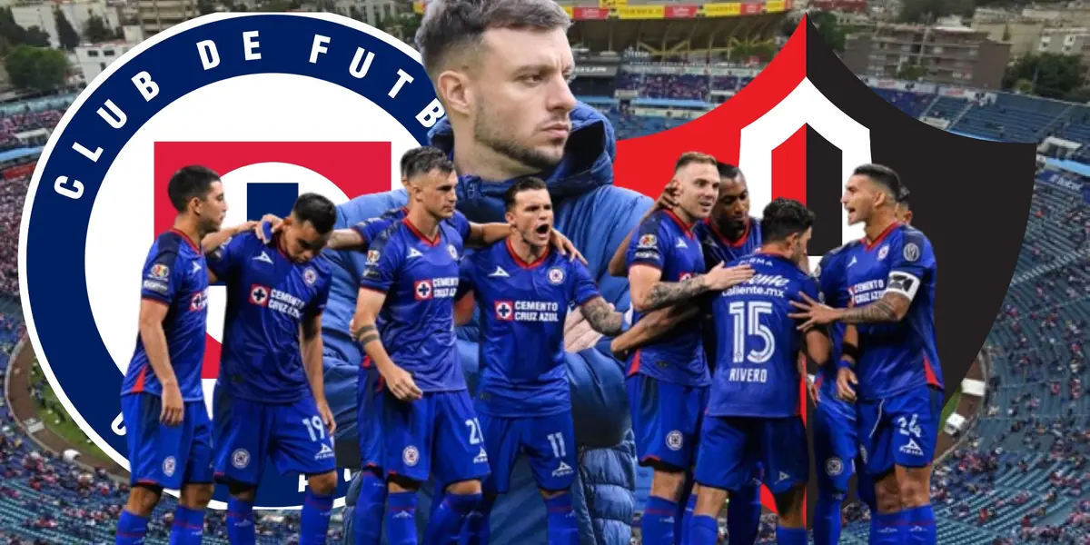 Anselmi, junto al equipo de Cruz Azul, escudos de Cruz Azul y Atlas