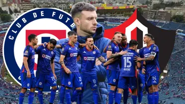 Anselmi, junto al equipo de Cruz Azul, escudos de Cruz Azul y Atlas