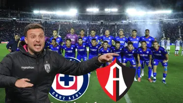 Anselmi junto al equipo de Cruz Azul, logos de Cruz Azul y Atlas/FOTO La Máquina Celeste