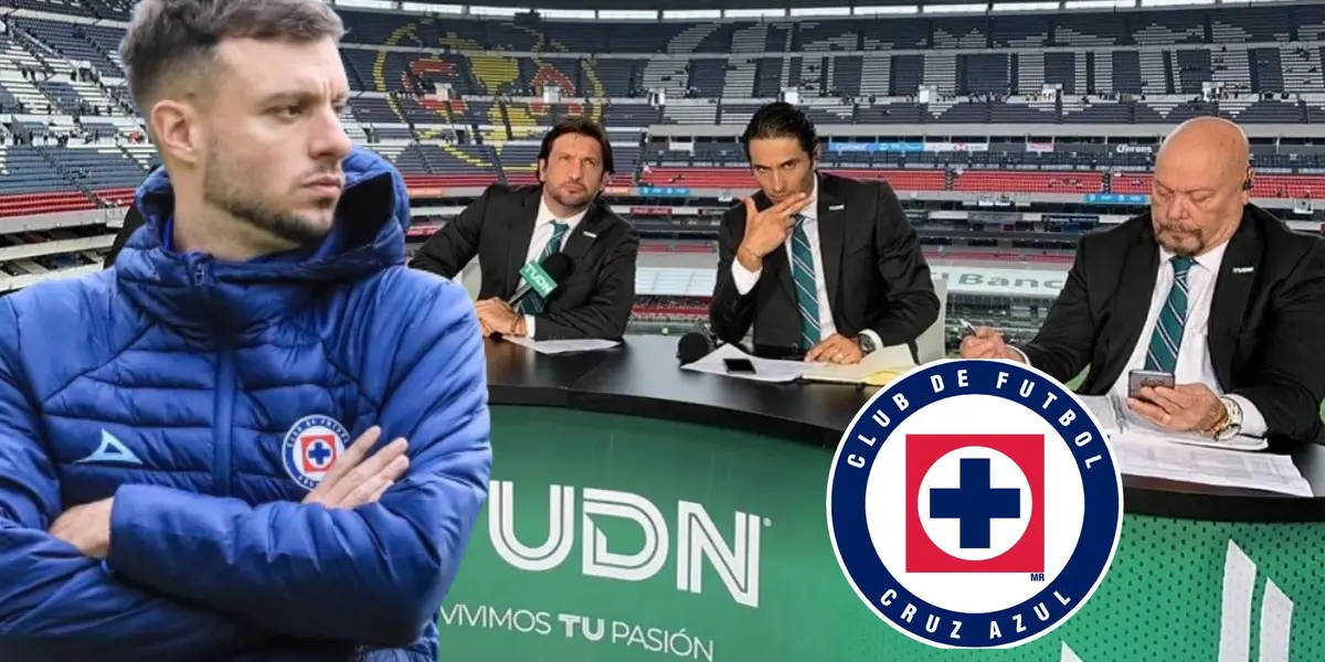 Anselmi y logo de Cruz Azul, de fondo mesa de TUDN