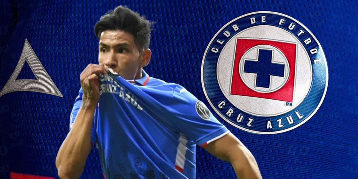 Antuna besando el escudo cementero, de fondo la jersey de Cruz Azul/La Máquina Celeste