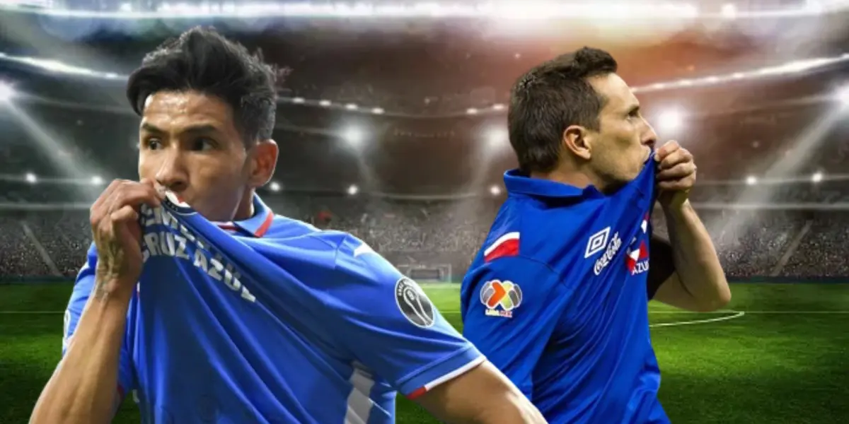 Antuna y Chaco Giménez besando el escudo de Cruz Azul/La Máquina Celeste