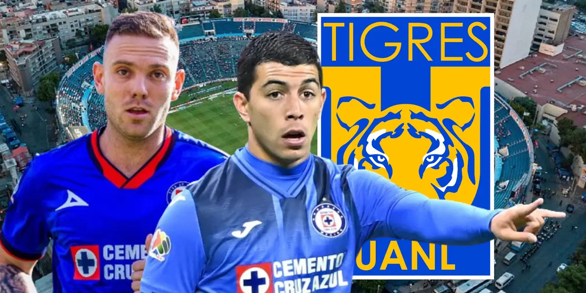 Carlos Rotondi y Erik Lira y el logo de Tigres/La Máquina Celeste