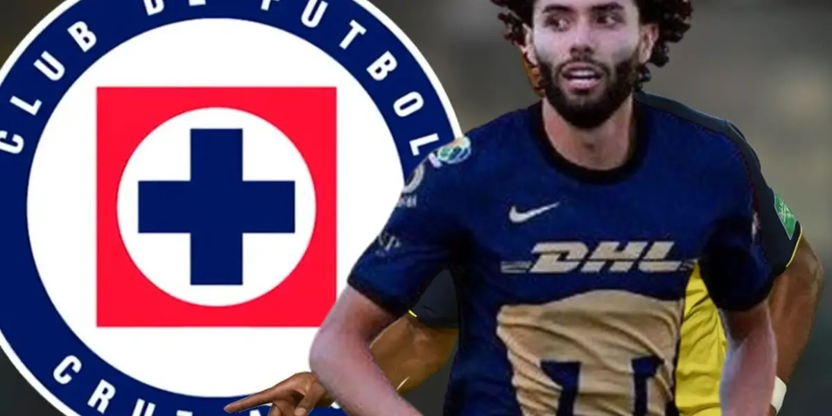 César Huerta jugando con Pumas y a la izquierda el escudo de Cruz Azul / El Futbolero