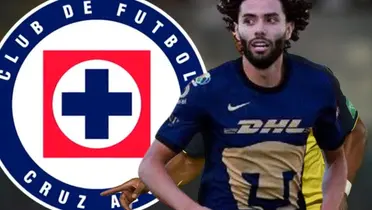 César Huerta jugando con Pumas y a la izquierda el escudo de Cruz Azul / El Futbolero
