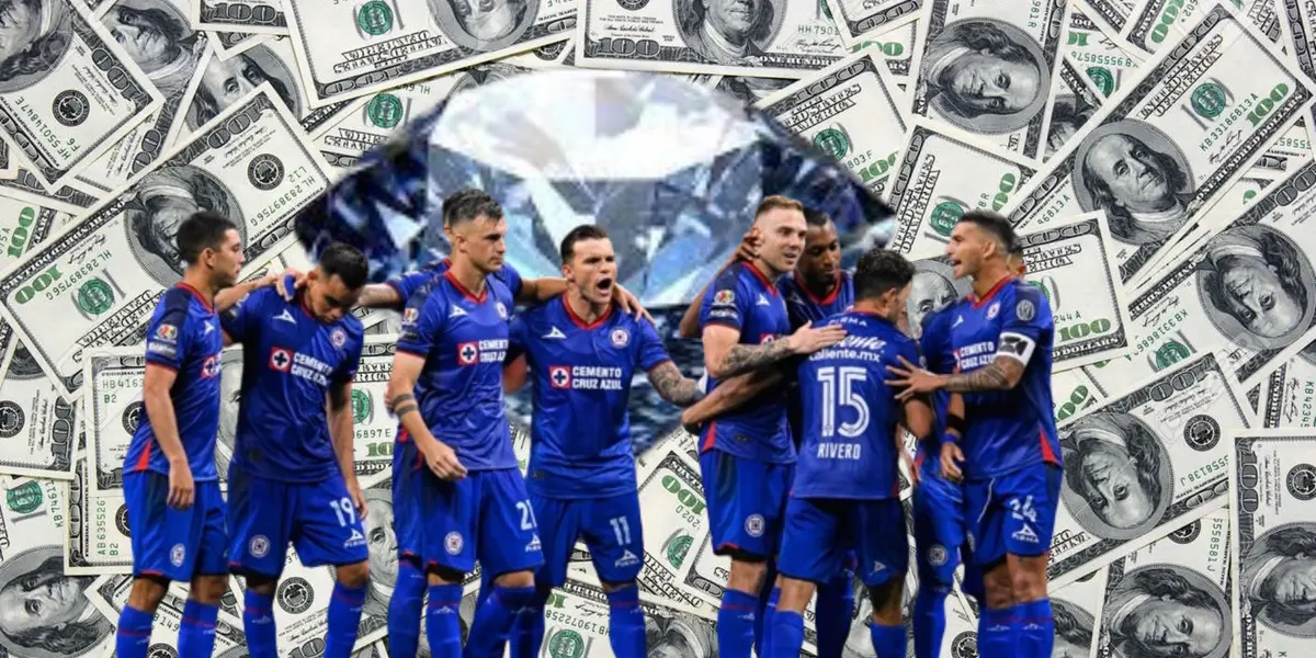 Cruz Azul celebrando gol, detrás de ellos una joya/La Máquina Celeste