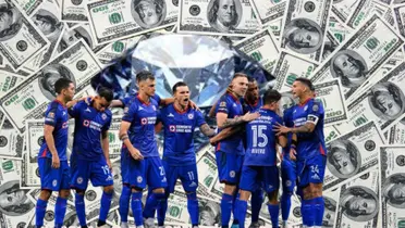 Cruz Azul celebrando gol, detrás de ellos una joya/La Máquina Celeste