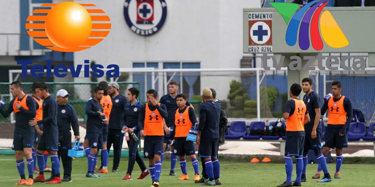 Cruz Azul de fondo, logo de Televisa y TV Azteca