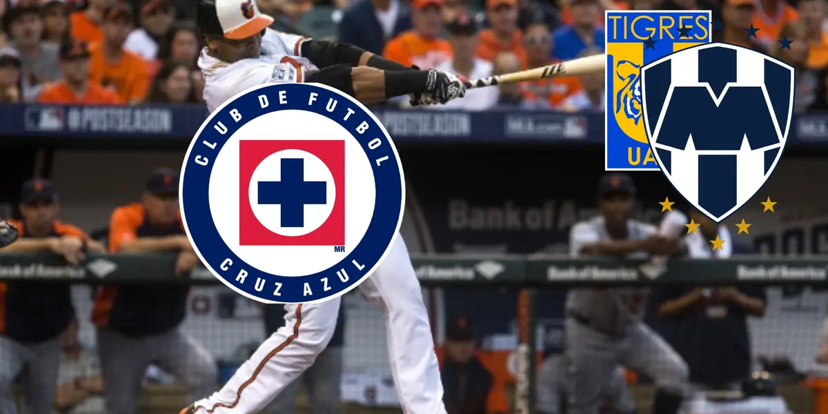 Cruz Azul el escudo, con un jugador de baseball golpeando a Monterrey y Tigres