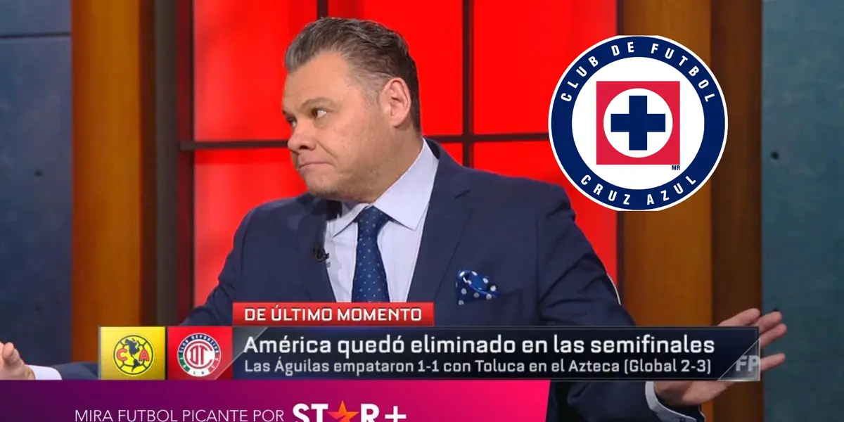 Dionisio Estrada en programa de Fútbol Picante y logo de Cruz Azul/La Máquina Celeste