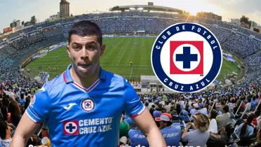 Erik Lira con el escudo de Cruz Azul,, Estadio Azul