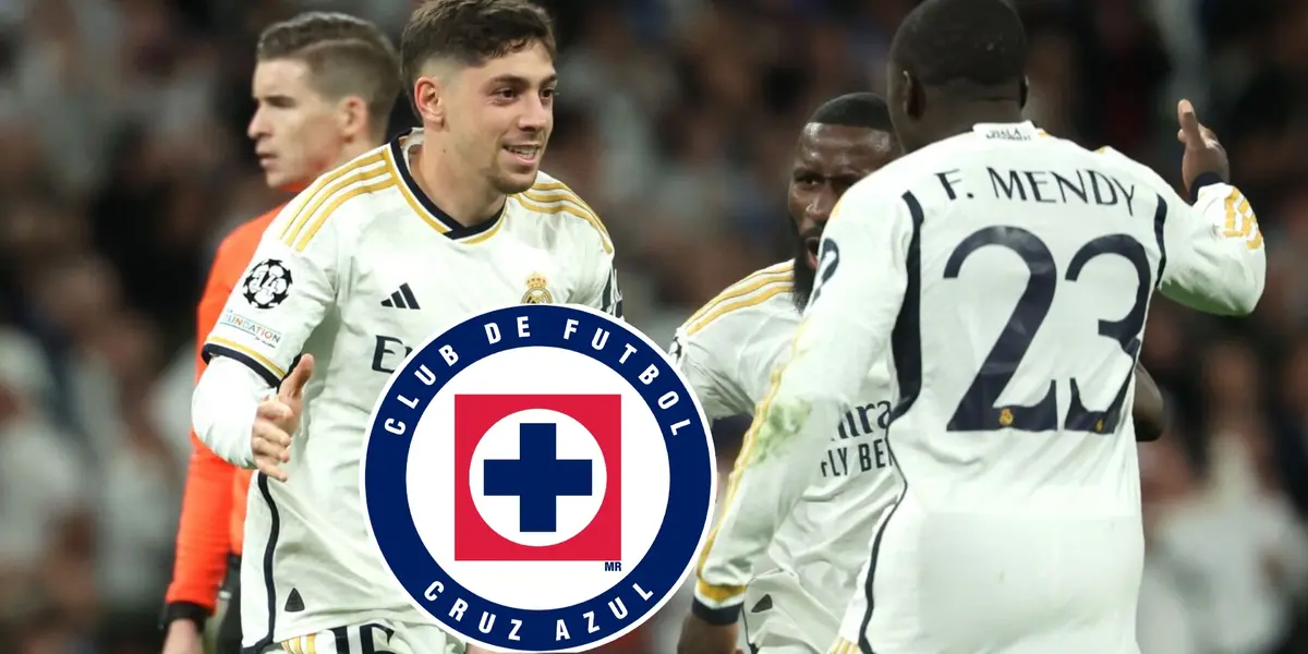 Fede Valverde celebrando gol con Ferland Mendy, logo de Cruz Azul