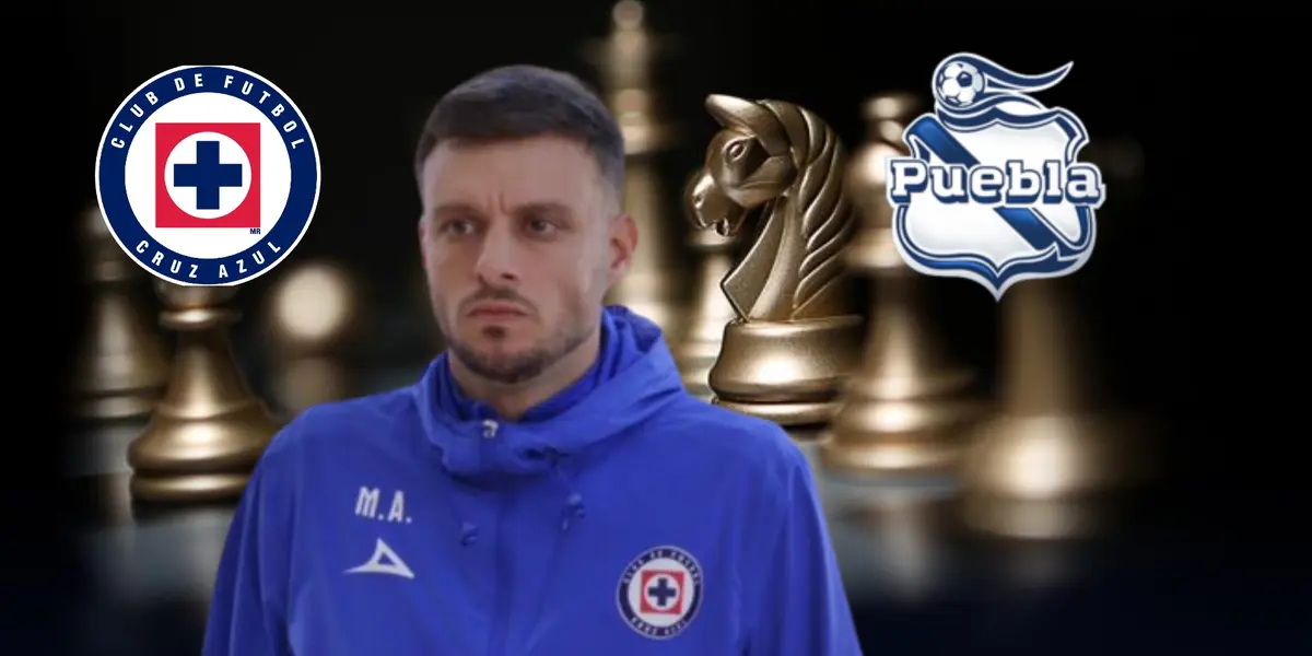 Fondo juego de ajedrez, Anselmi al frente con logos de Cruz Azul y Puebla