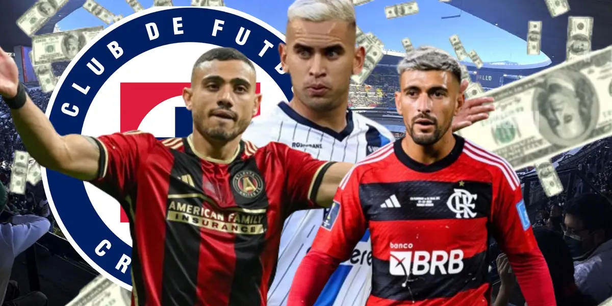 Giakoumakis, Berterame y De Arrascaeta en la portada, escudo de Cruz Azul/La Máquina Celeste