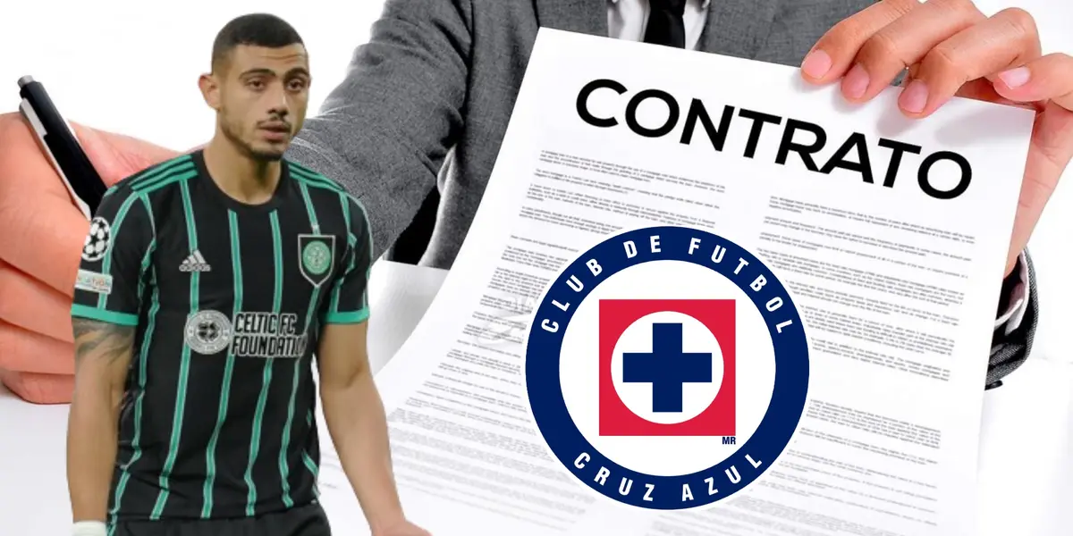 Giakoumakis con un contrato con el logo de Cruz Azul