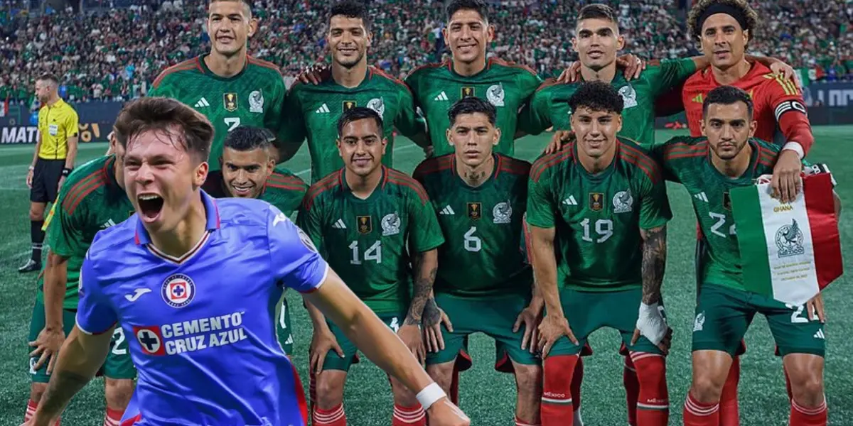 Huescas celebrando gol con el fondo de la Selección Mexicana/La Máquina Celeste