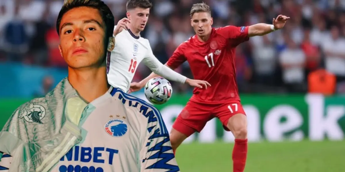 Huescas con la jersey del Copenhague, de fondo Mount peleando balón