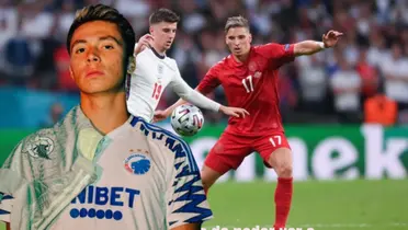 Huescas con la jersey del Copenhague, de fondo Mount peleando balón