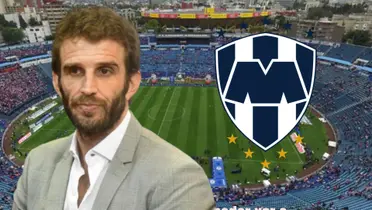 Iván Alonso con el escudo de Monterrey en el Estadio Azul