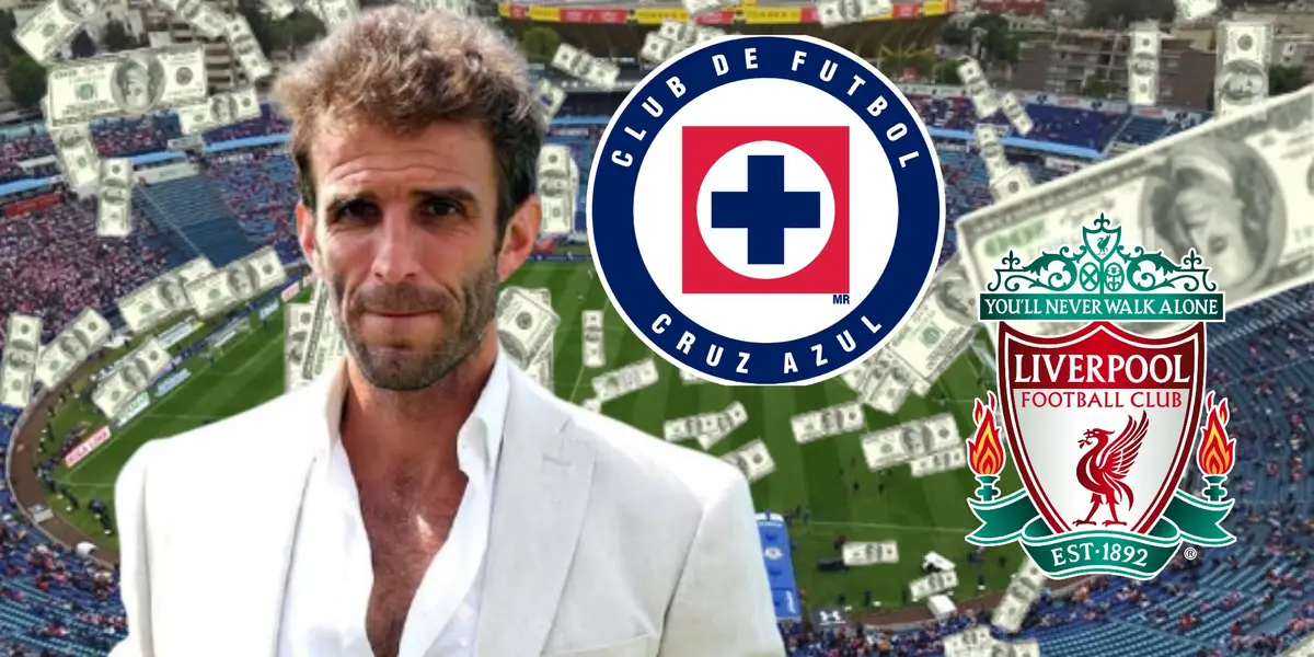 Iván Alonso, con los escudos de Cruz Azul y Liverpool/La Máquina Celeste