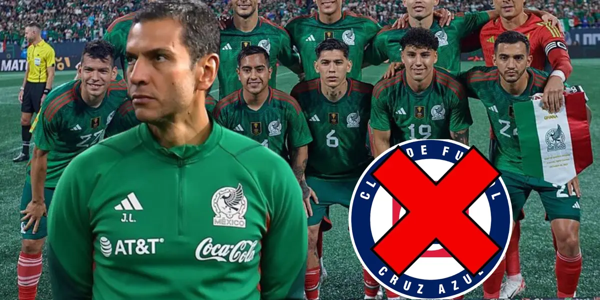 Jaime Lozano con el equipo mexicano y el logo de Cruz Azul tachado/La Máquina Celeste