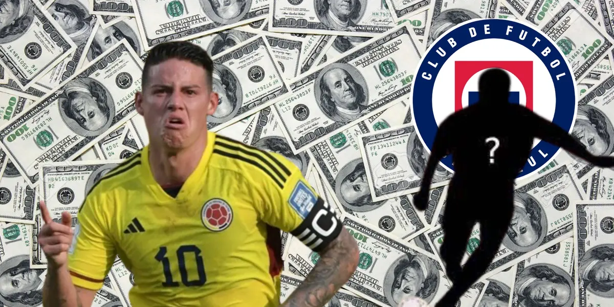 James Rodríguez junto a un jugador oculto y logo de Cruz Azul/FOTO La Máquina Celeste