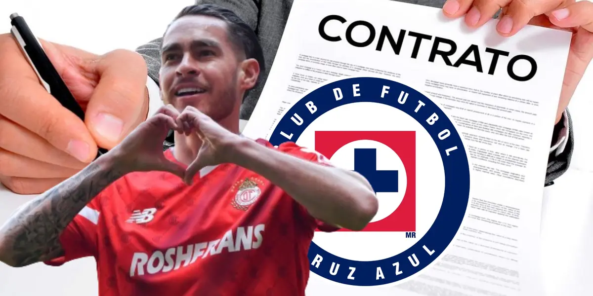 Jesús Angulo con el escudo de Cruz Azul de fondo el contrato