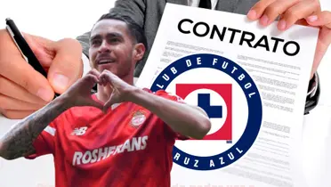 Jesús Angulo con el escudo de Cruz Azul de fondo el contrato