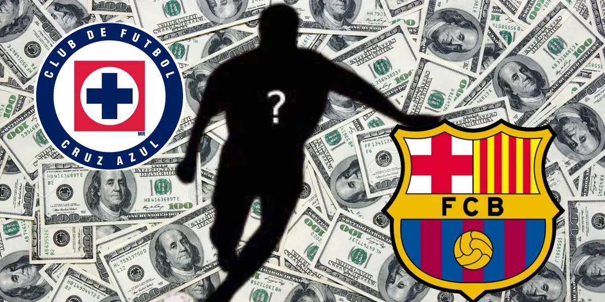 Jugador oculto con los escudos de Cruz Azul y Barcelona