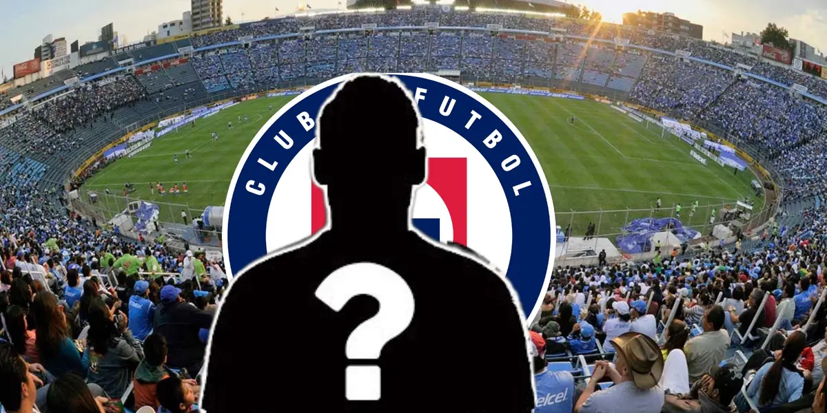Jugador oculto. escudo de Cruz Azul, de fondo el Estadio de los Deportes