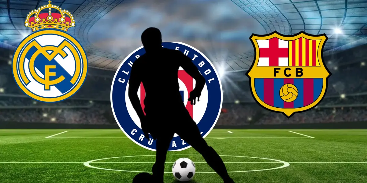 Jugador oculto, junto a los escudos del Cruz Azul, Real Madrid y Barcelona