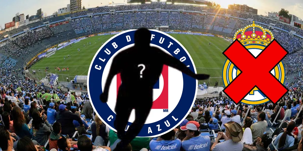 Jugador siendo oculto en el Estadio de los Deportes, con los logos del Real Madrid y Cruz Azul