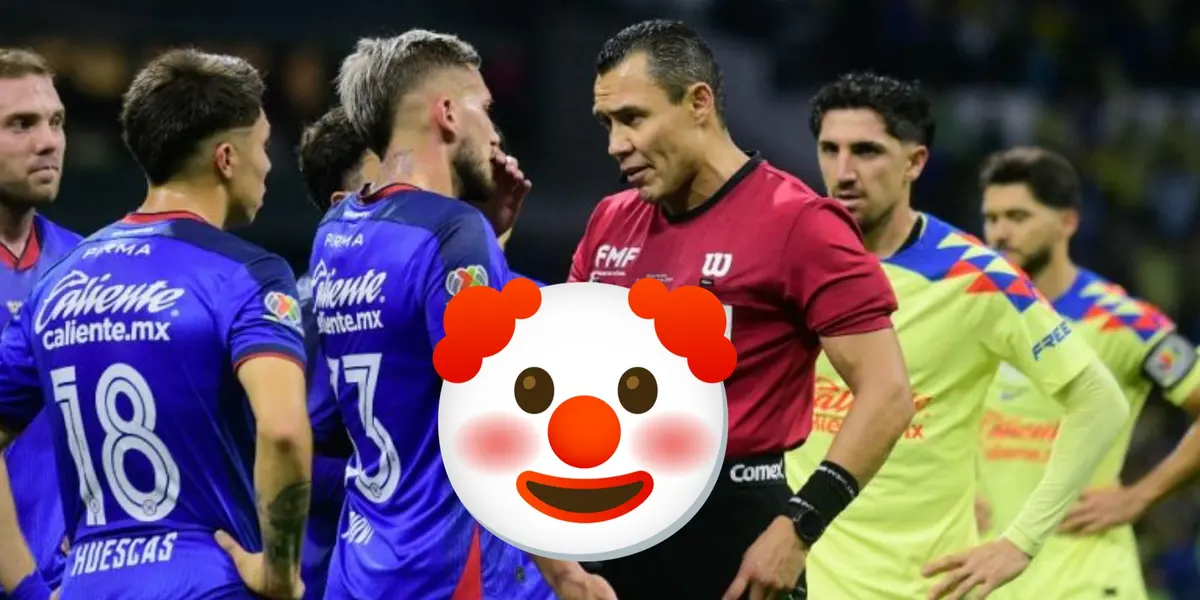 Jugadores de Cruz Azul reclamando al Gato Ortiz, emoji de payaso/La Máquina Celeste