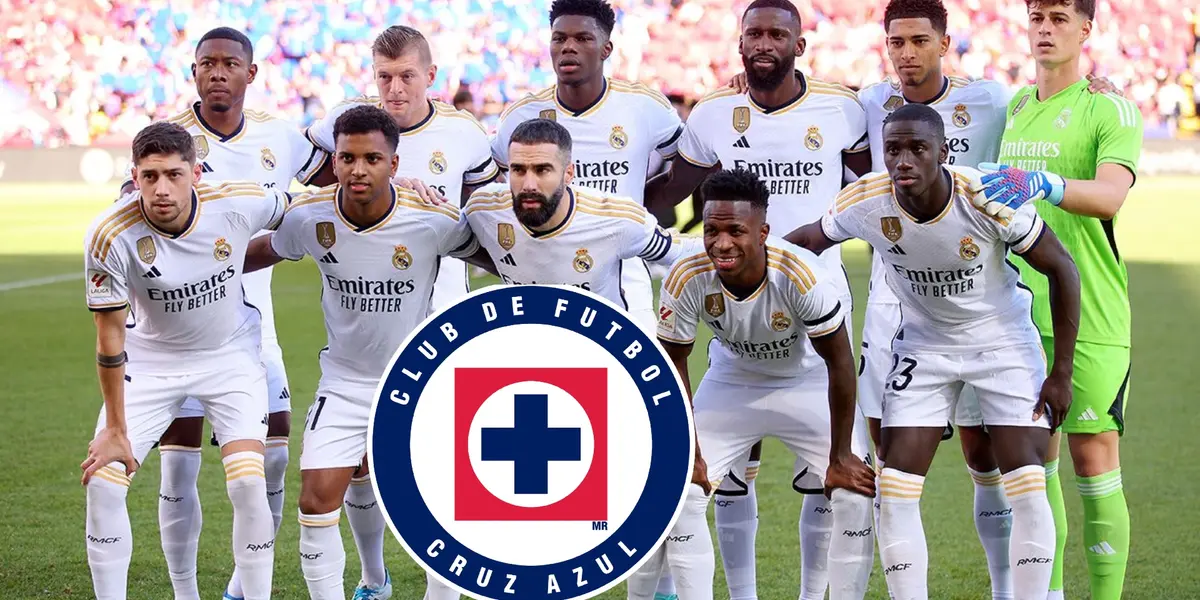 Logo de Cruz Azul, y de fondo el Real Madrid
