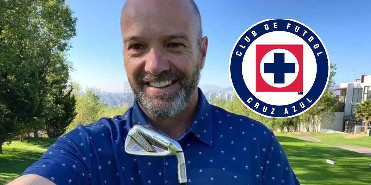 Luis García jugando golf y el escudo de Cruz Azul/La Máquina Celeste