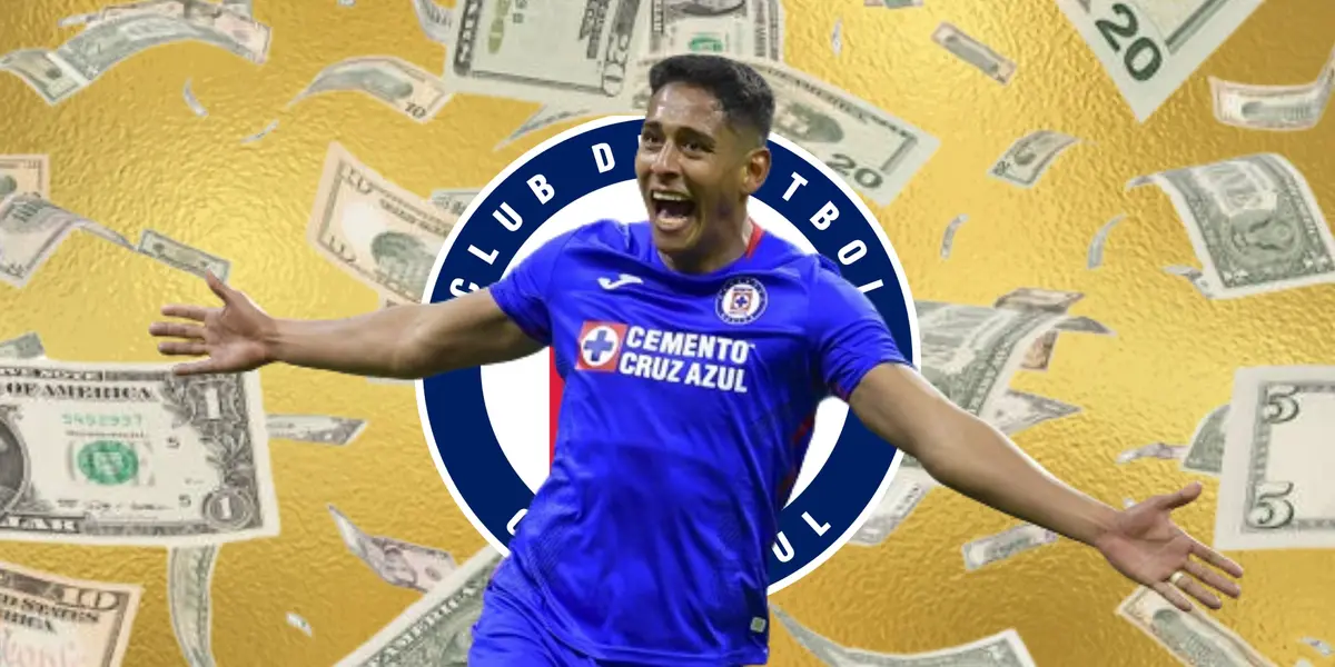 Luis Romo, escudo de Cruz Azul, fondo dorado y dólares/La Máquina Celeste