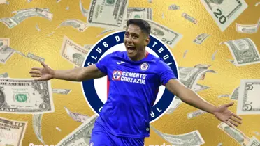 Luis Romo, escudo de Cruz Azul, fondo dorado y dólares/La Máquina Celeste