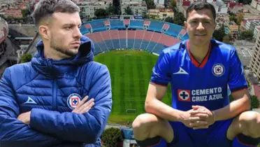 Martín Anselmi, Andrés Montaño y al fondo el Estadio Ciudad de los Deportes (Foto: X @CruzAzul)