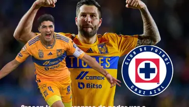 Nico Ibáñez, de fondo Gignac y el logo de Cruz Azul/FOTO La Máquina Celeste
