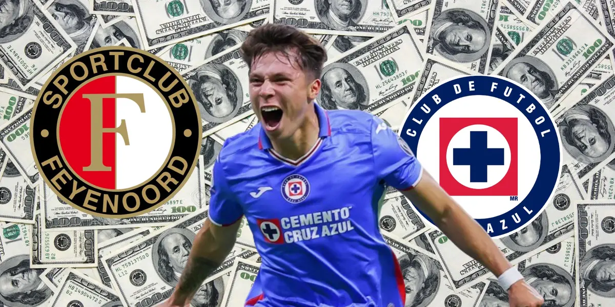 Rodrigo Huescas, junto a los escudos de Feyenoord y Cruz Azul/FOTO La Máquina Celeste